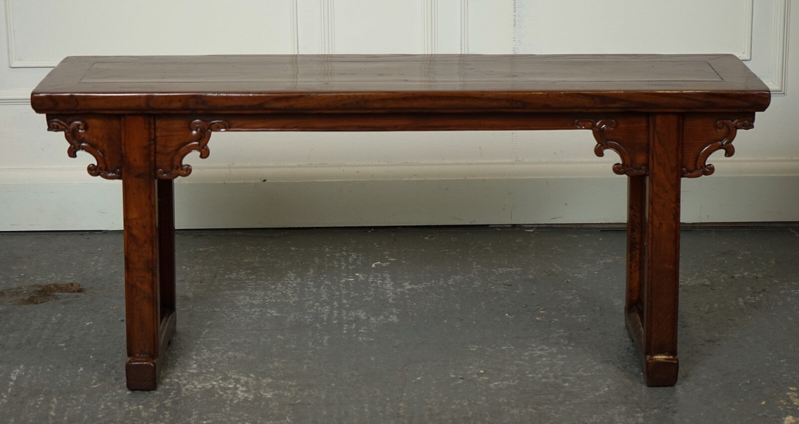 LATE 19TH CENTURY CHINESE ALTAR TABLE BENCH ELM WOOD J1