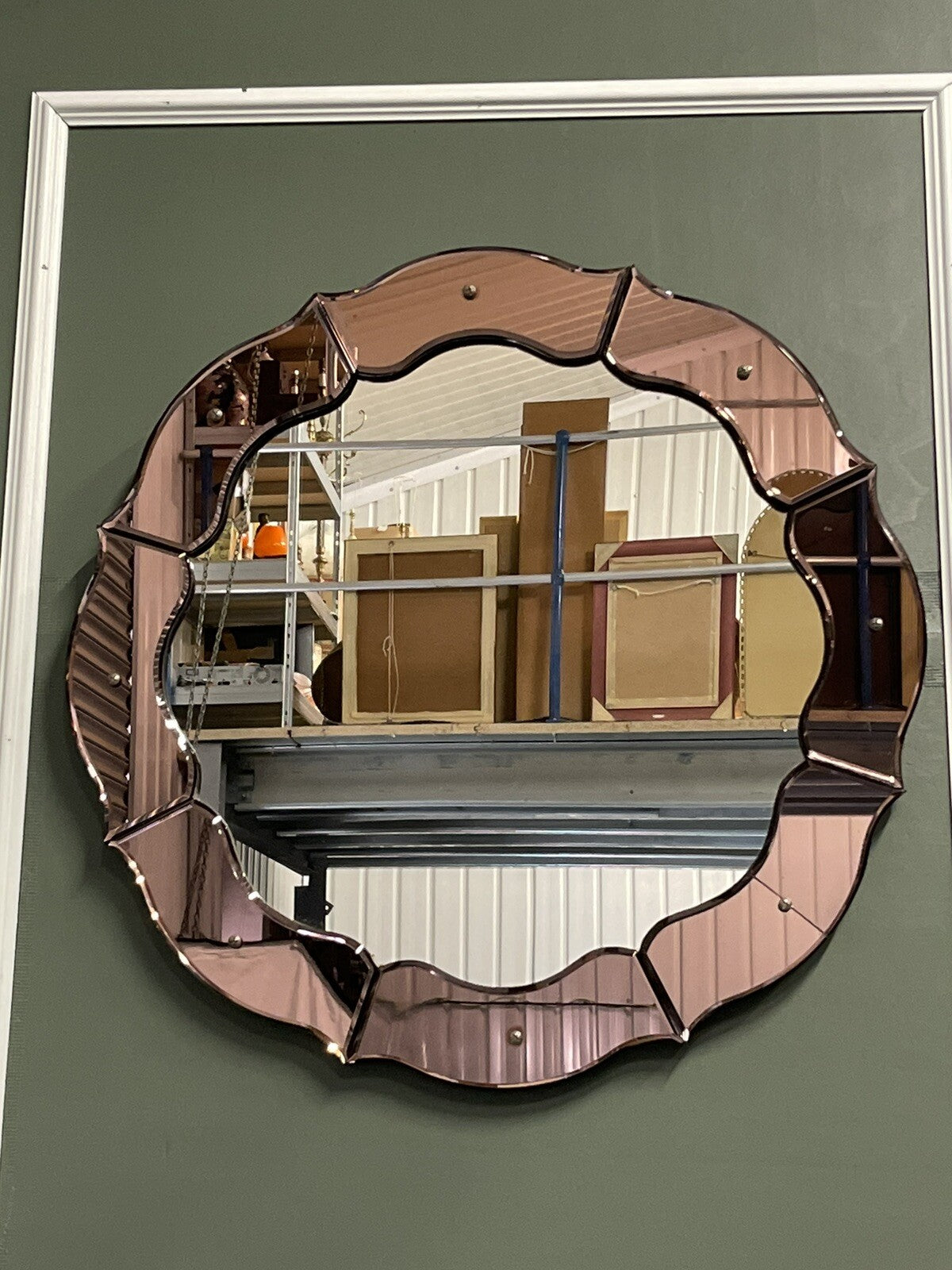 STUNNING FRENCH ART DECO 1920'S CONVEX PEACH COLOURED WALL MIRROR