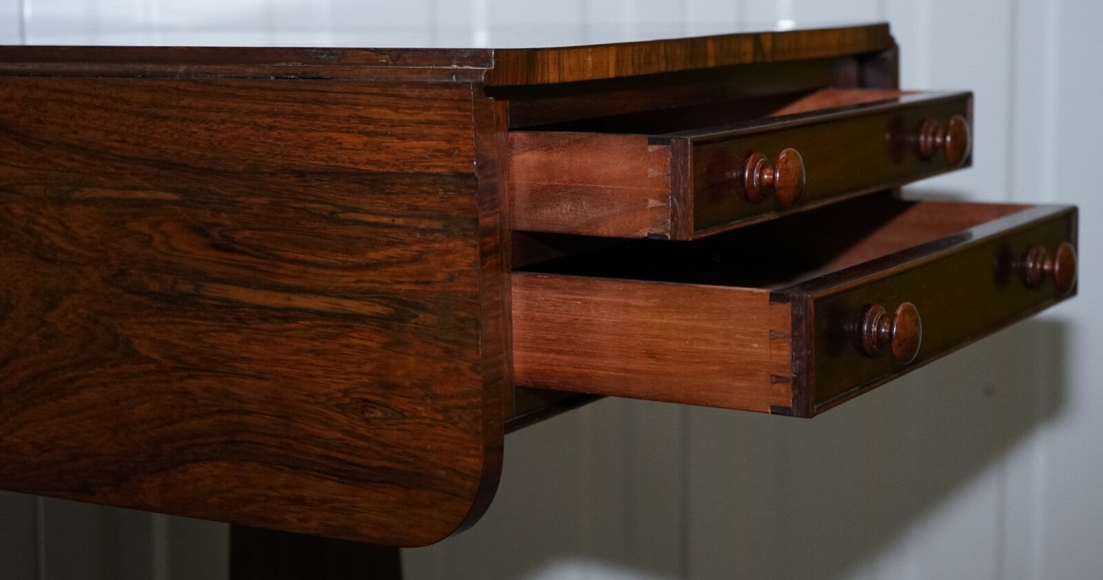STUNNING REGENCY ROSEWOOD WORK TABLE WITH DROP LEAVES AND TWO DRAWERS