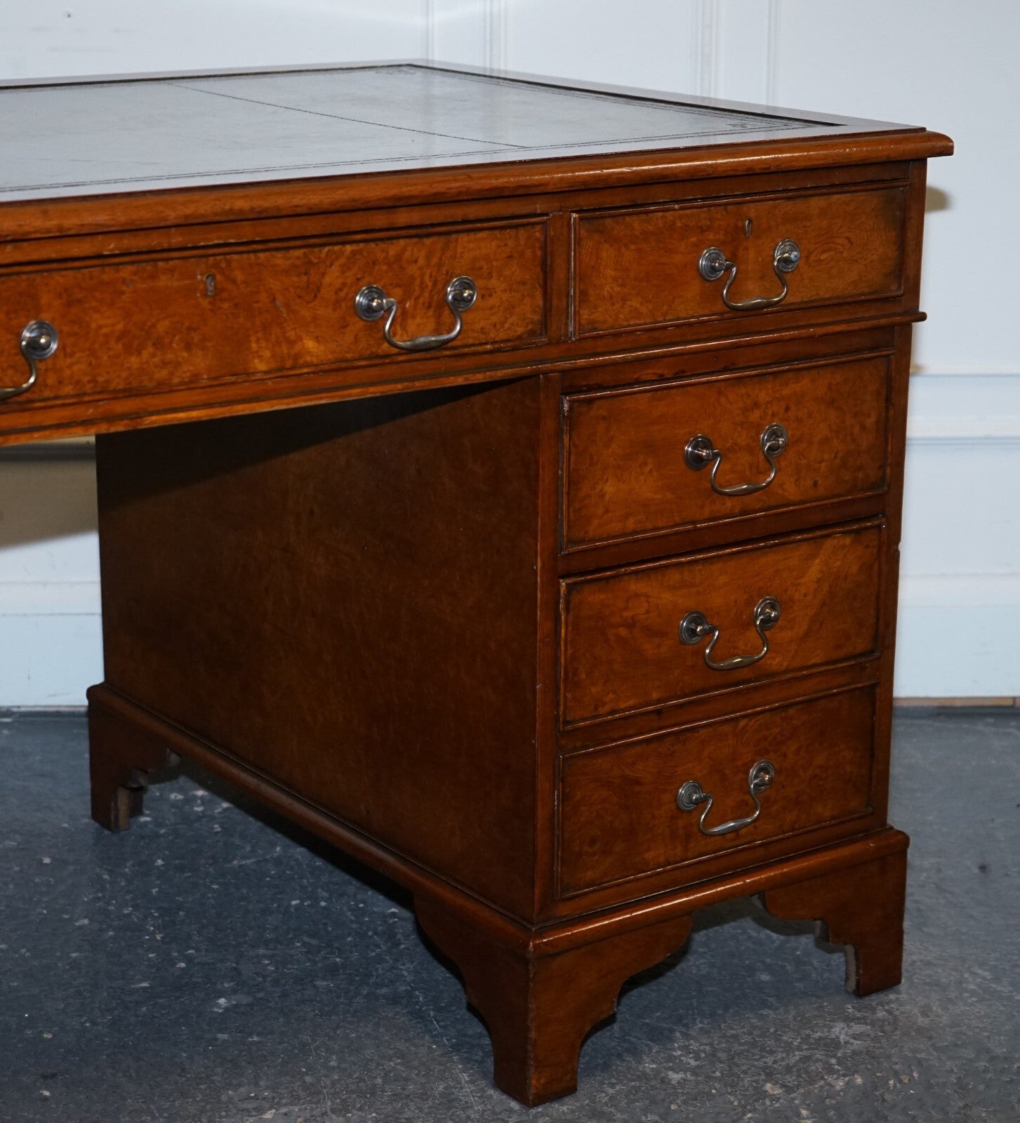 ONE OF A KiND RESTORED VICTORIAN BURR WALNUT HAND DYED LEATHER PEDESTAL DESK