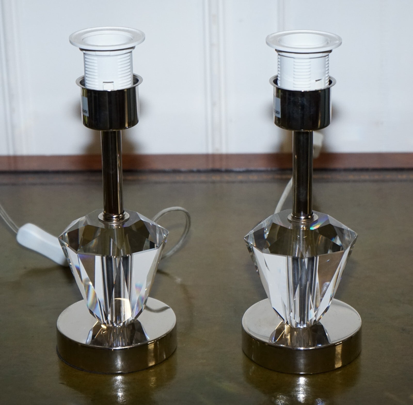 LOVELY PAIR OF DIAMOND GLASS DESIGN ON STAINLESS STEEL BASE BABY BLUE SHADES
