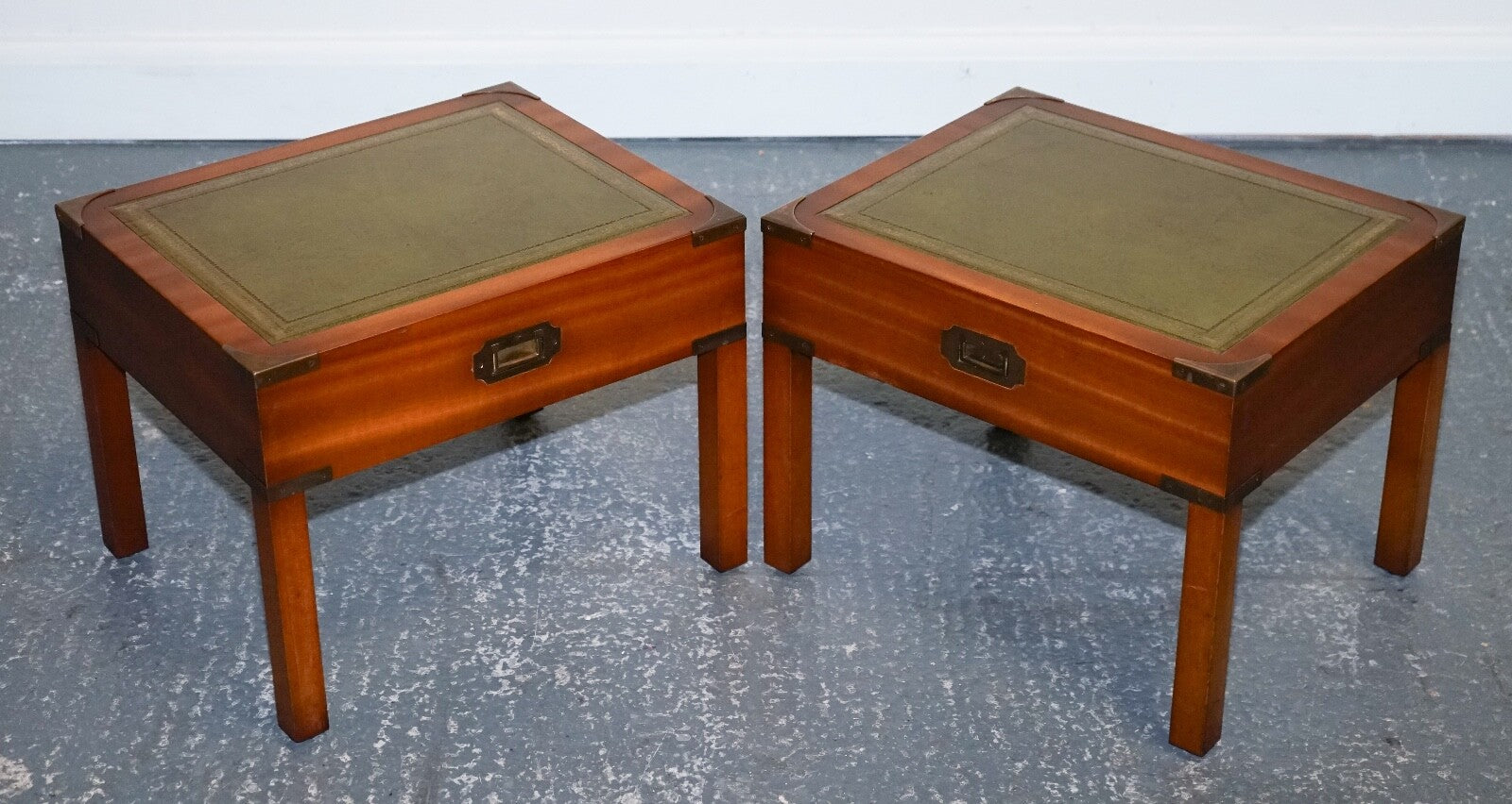 BEVAN FUNNELL COFFEE TABLE WITH TWO SIDE UNDERTABLES GREEN LEATHER TOP