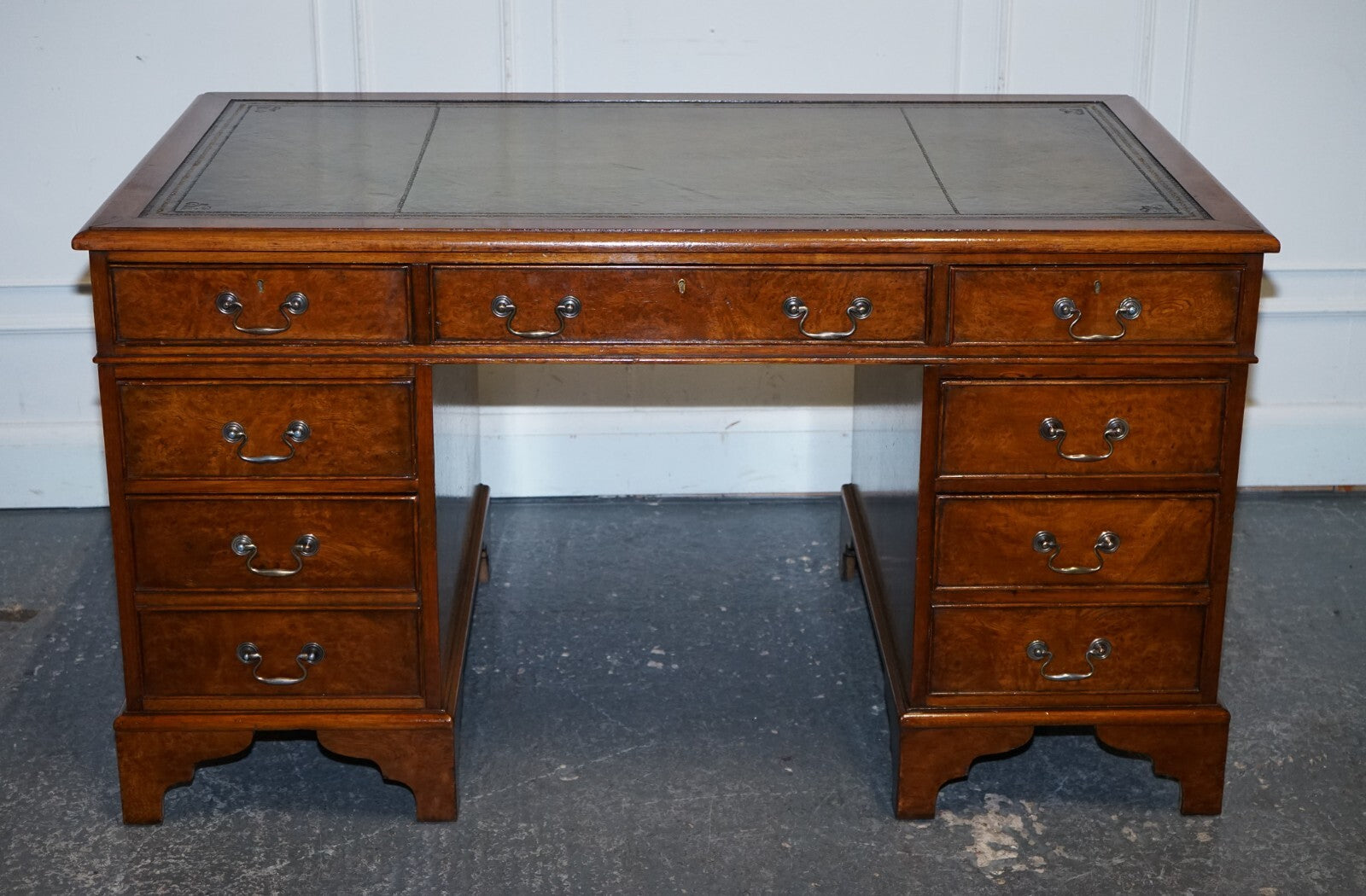 ONE OF A KiND RESTORED VICTORIAN BURR WALNUT HAND DYED LEATHER PEDESTAL DESK