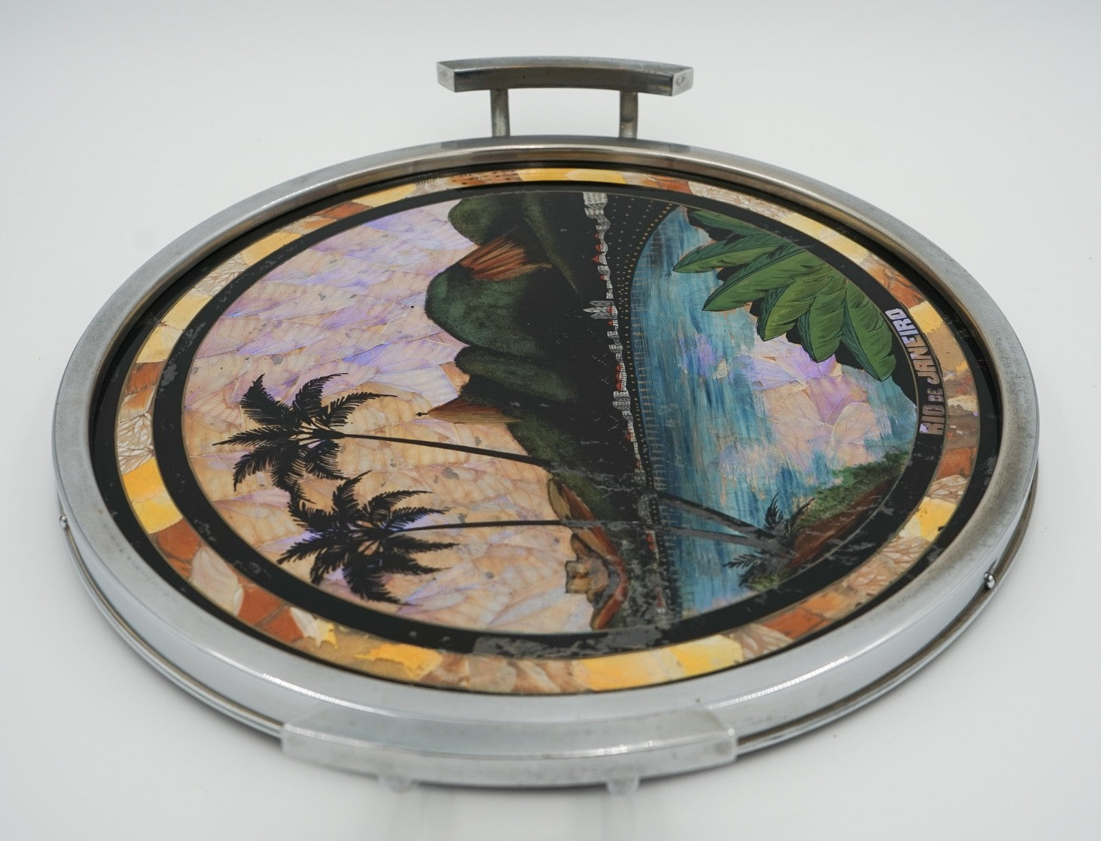 VINTAGE CIRCULAR BRAZILIAN RIO DE JANEIRO METAL TRAY REAL MORPHO BUTTERFLY WINGS