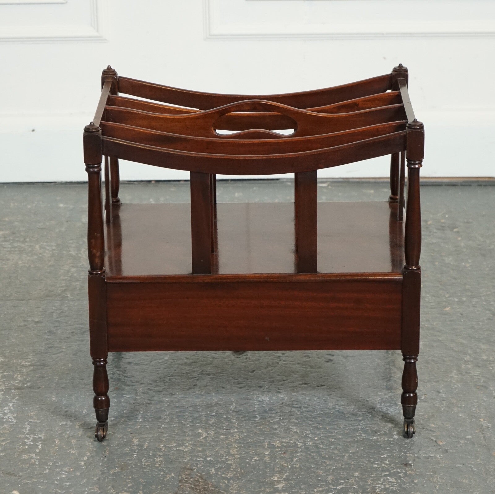 VINTAGE MAHOGANY CANTERBURY NEWSPAPER RACK WITH BRASS HANDLES