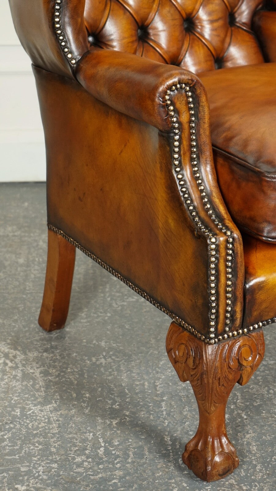 RESTORED PAIR OF HAND DYED BROWN LEATHER CHESTERFiELD WINGBACK ARMCHAIRS