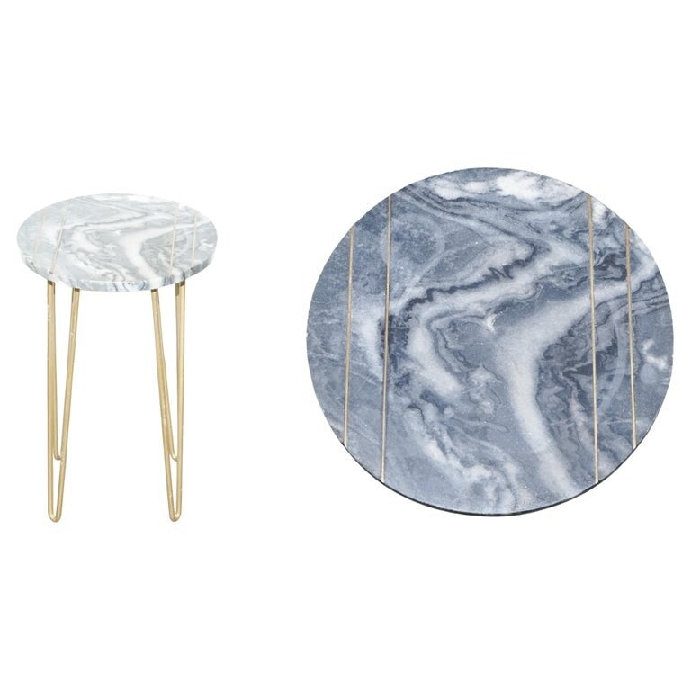 GREY AND WHITE MARBLE TOP WITH GOLD PIN LEGS PLANT LAMP SiDE TABLE