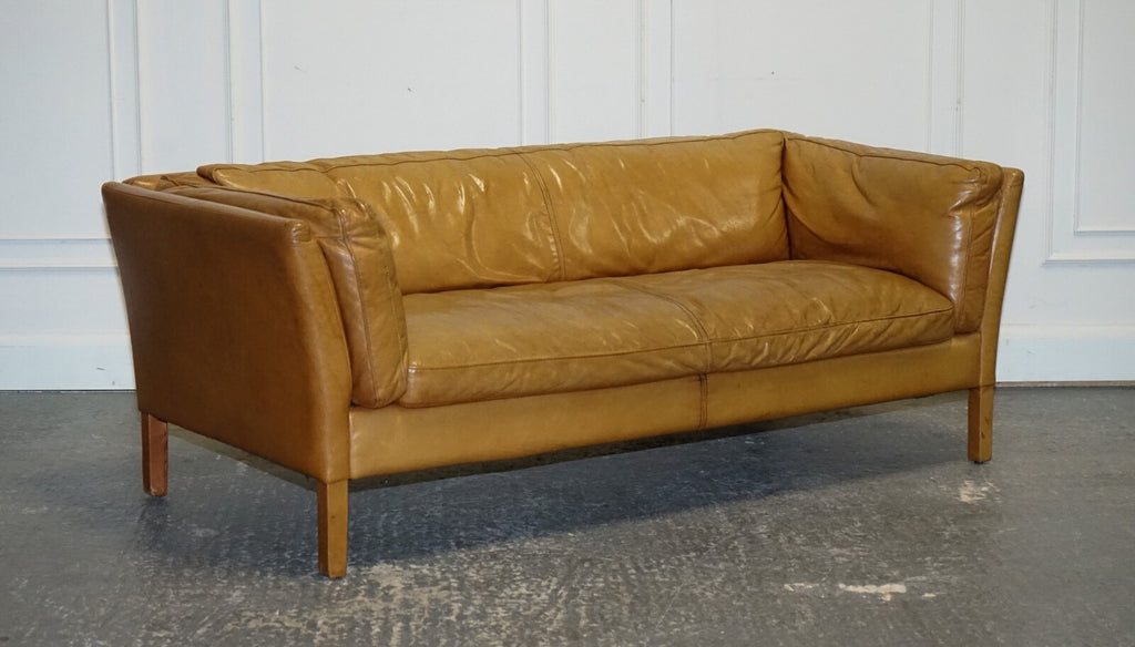 VERY COMFORTABLE CONTEMPORARY HALO GROUCHO BROWN TAN LEATHER TWO TO THREE SOFA