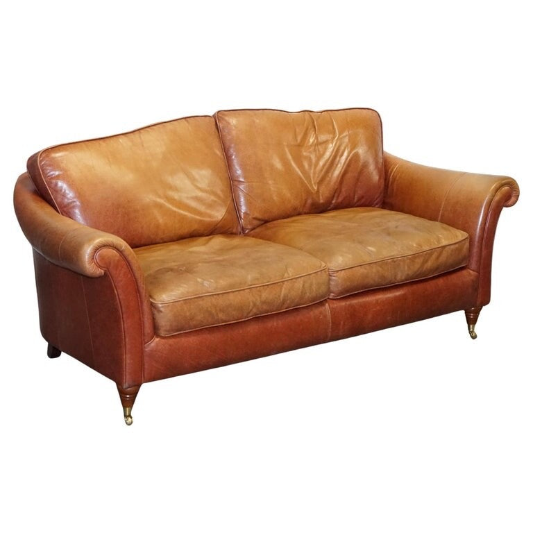 VINTAGE BROWN LEATHER TWO SEATER PARKER KNOLL SOFA