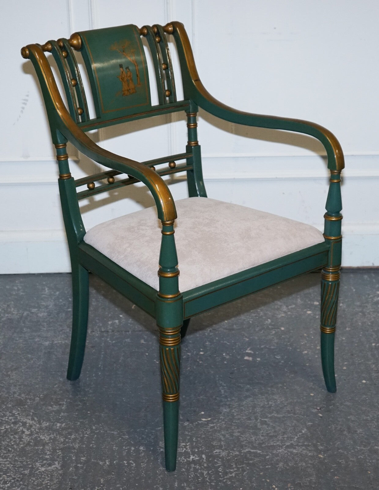 ORIENTAL CHINOISERIE GREEN & GOLD CARLTON DESK WITH MATCHING ARMCHAIR