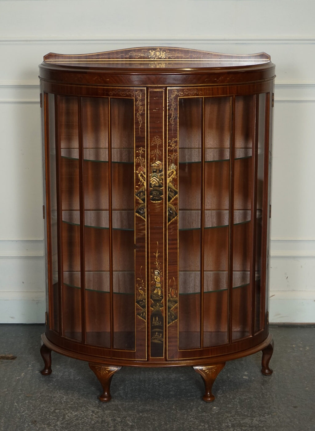 ORIENTAL CHINESE DWARF BOW FRONT DISPLAY CABINET WITH GLASS SHELVES