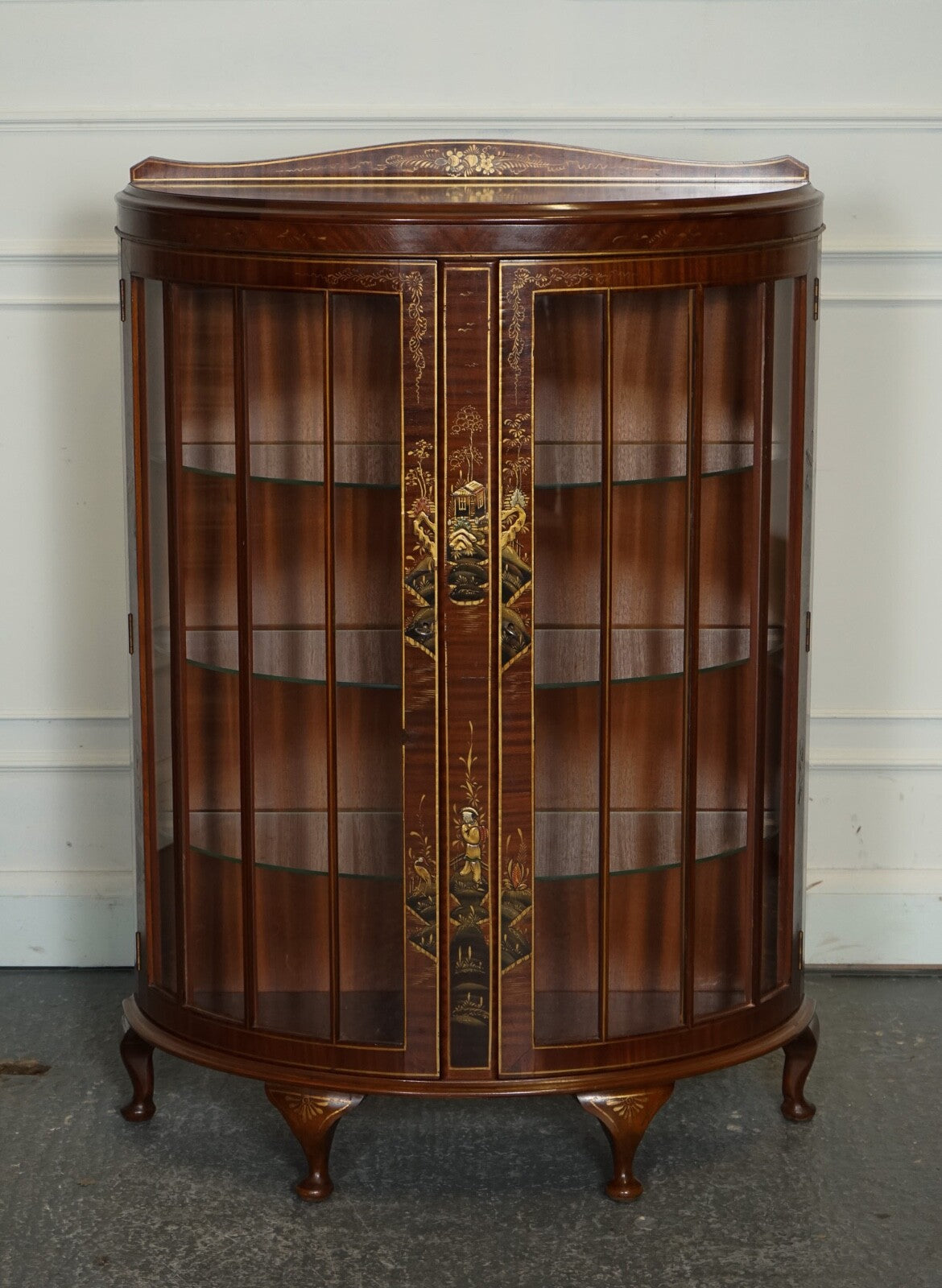 ORIENTAL CHINESE DWARF BOW FRONT DISPLAY CABINET WITH GLASS SHELVES