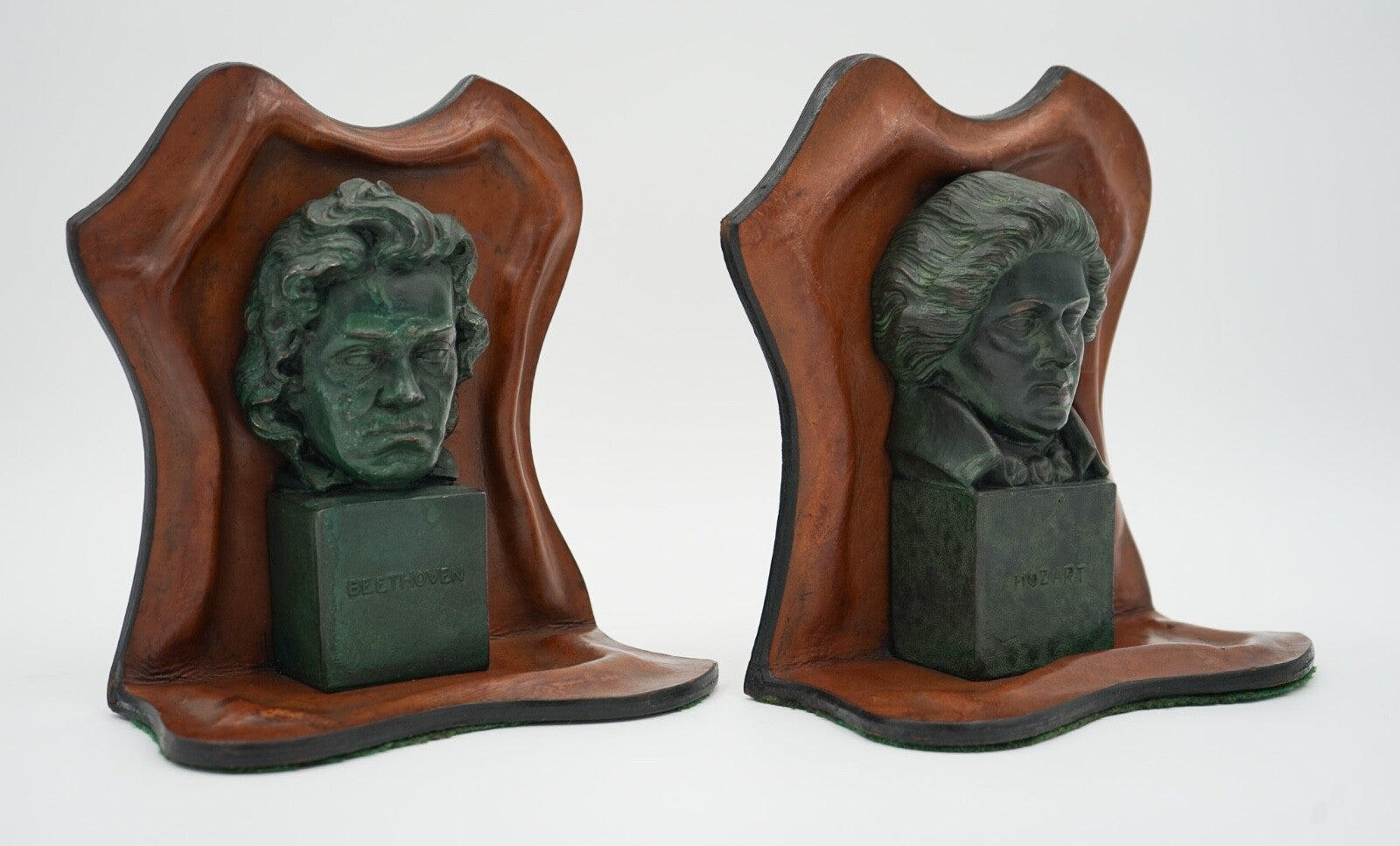 VERY RARE MOZART AND BEETHOVEN LEATHER BOOKENDS WITH LOVELY PATINA