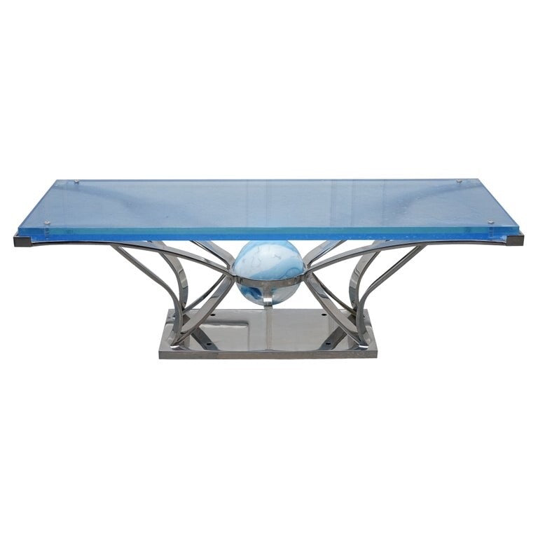 RARE CUSTOM HAND MADE GLASS MARINE GRADE STAINLESS STEEL COFFEE TABLE BY SOLIART