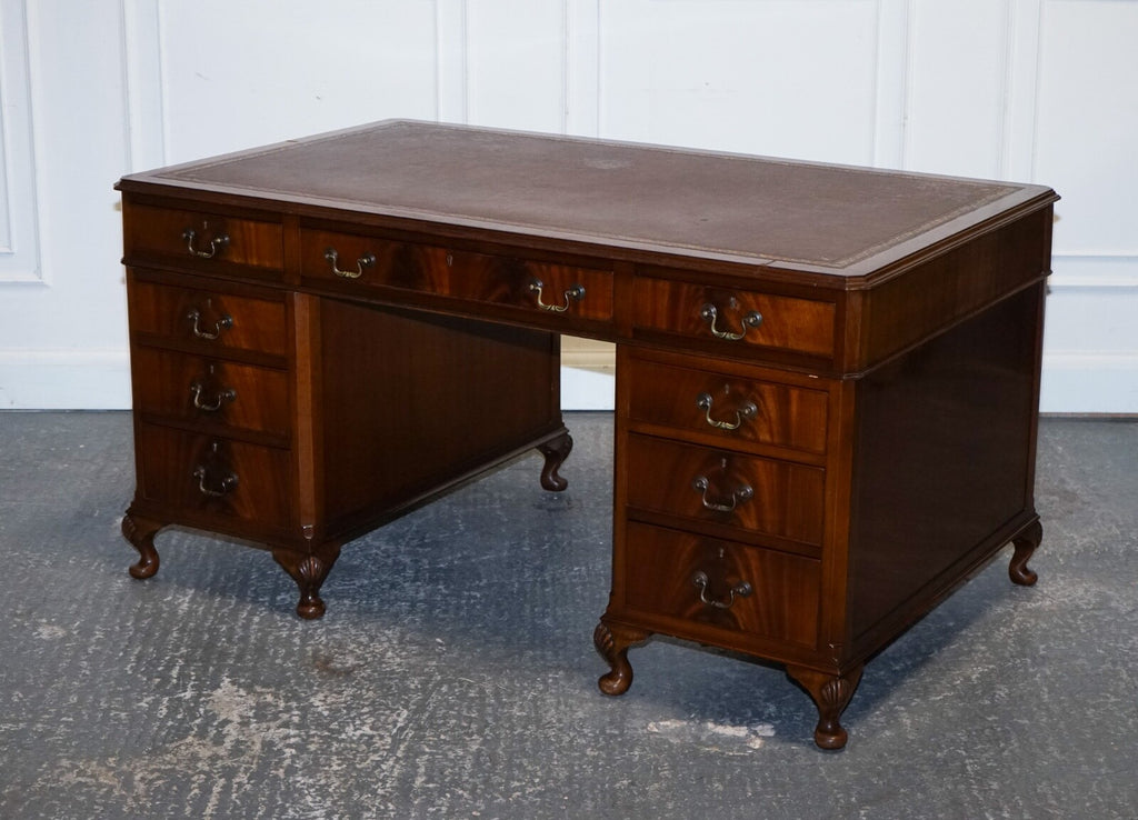 RARE GLOBE WERNICKE BURGUNDY EMBOSSED LEATHER TOP TWIN PEDESTAL DESK