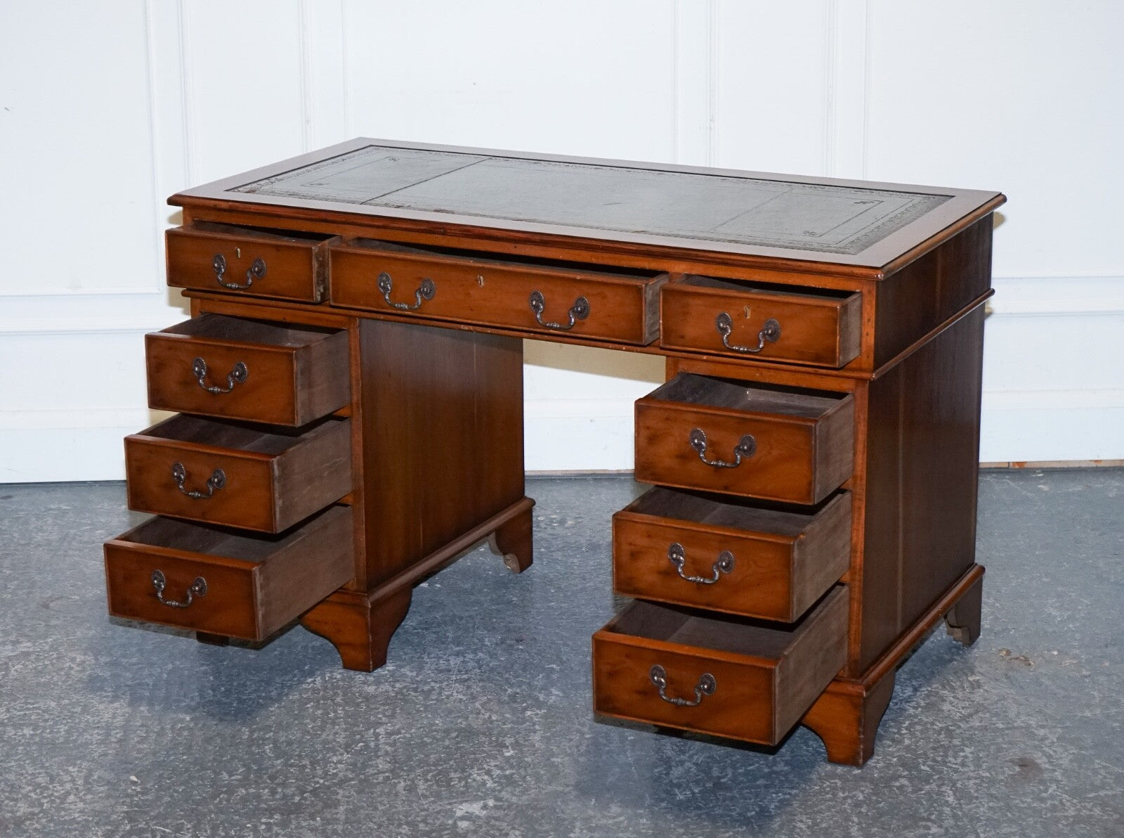 VINTAGE YEW WOOD TWIN PEDESTAL GREEN LEATHER TOP DESK