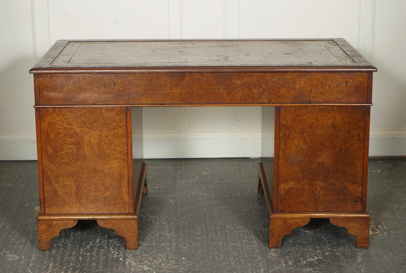 VINTAGE BURR WALNUT TWIN PEDESTAL BROWN LEATHER TOP DESK GOLD EMBOSSED TOOLING