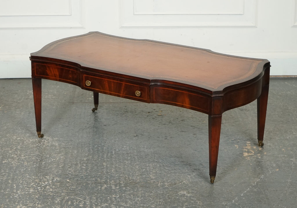 VINTAGE HEIRLOOM WEIMAN BROWN LEATHER TOP COFFEE TABLE