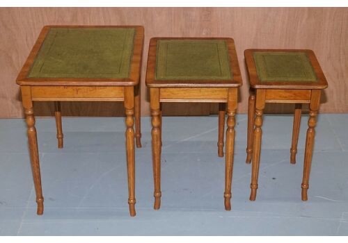 Nest Of Three Yew Wood Green Leather Top & Gold Leaf Embossed Side Tables
