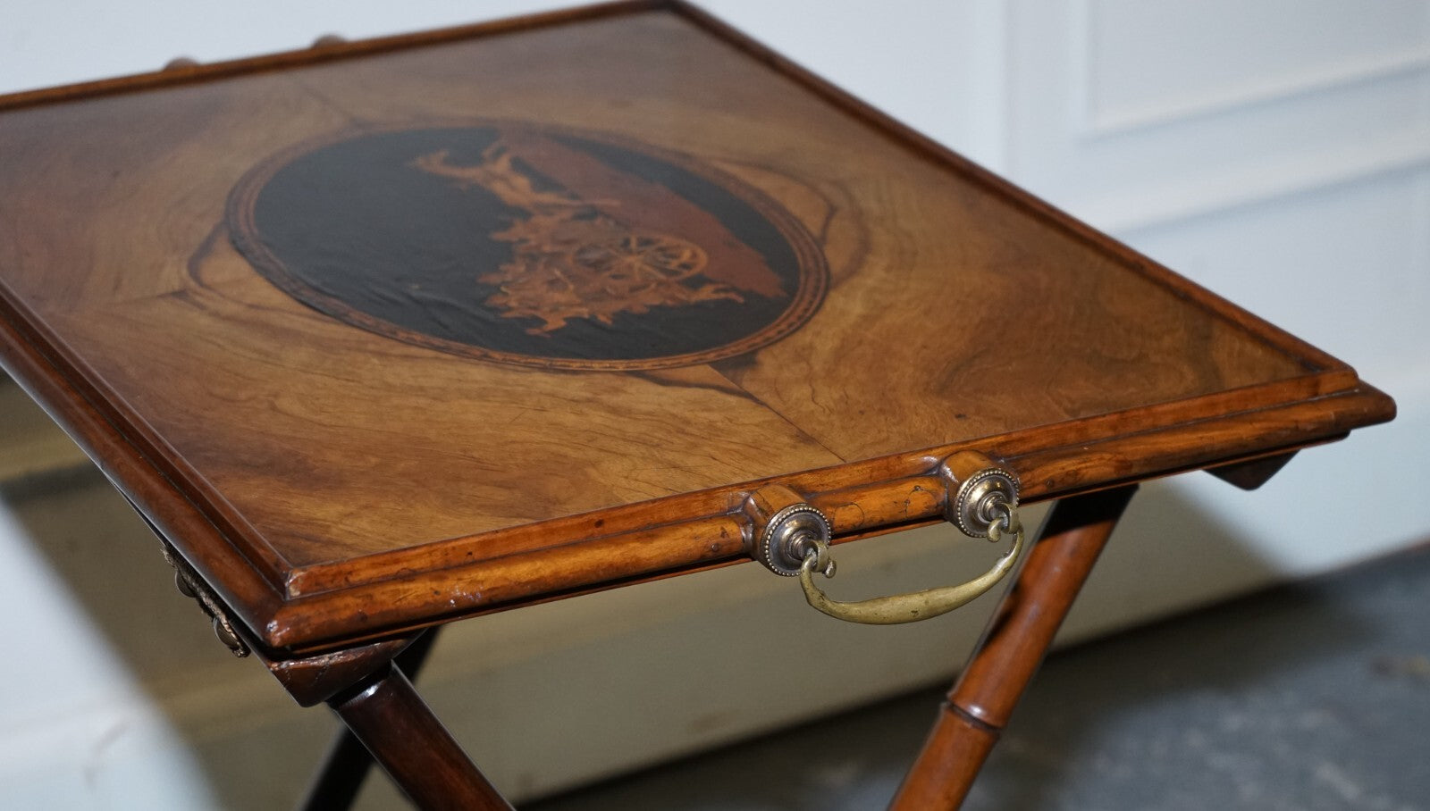 VICTORIAN DOUBLE SIDED SERVING TRAY ON BAMBOO STAND BRASS HANDLES MARQUETRY TOP