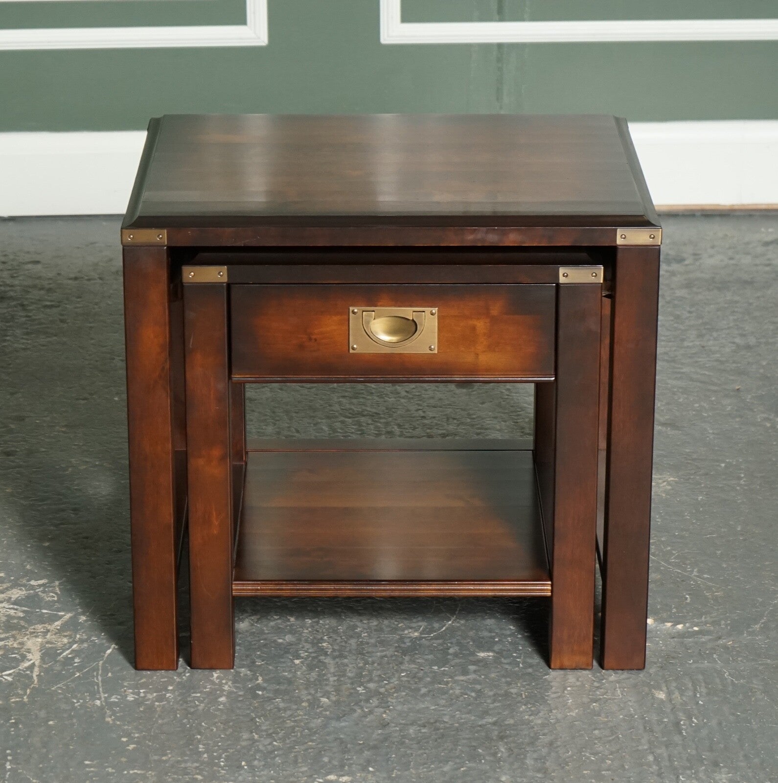 VINTAGE MAHOGANY & BRASS MILITARY CAMPAIGN NEST OF TABLES WITH DRAWER