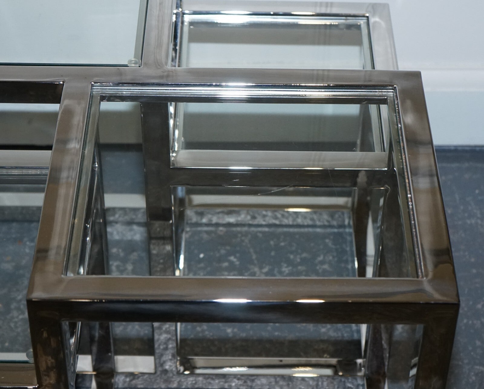 PAIR OF CASA PADRINO ART DECO STYLE GLASS POLISHED STAINLESS STEEL SIDE TABLES