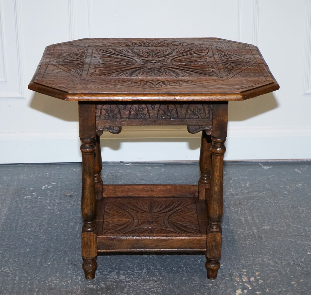 LOVELY CARVED GOTHIC OAK SIDE TABLE