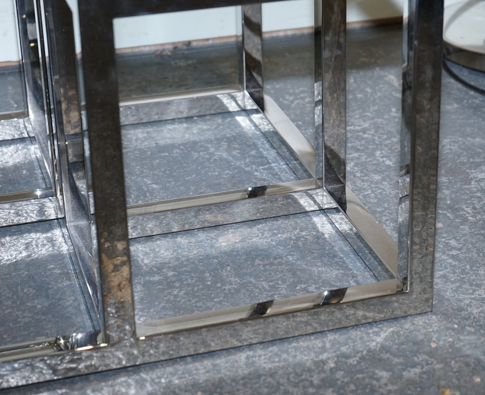 PAIR OF CASA PADRINO ART DECO STYLE GLASS POLISHED STAINLESS STEEL SIDE TABLES