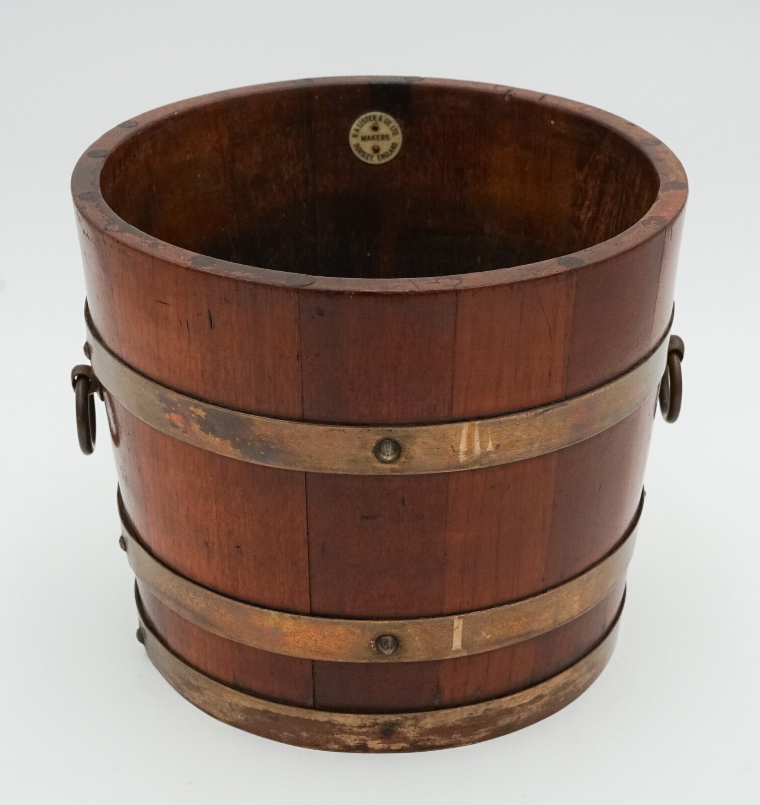 ANTIQUE R.A. LISTER & CO OAK BUCKET BRASS BRACES STUNNING PATINA