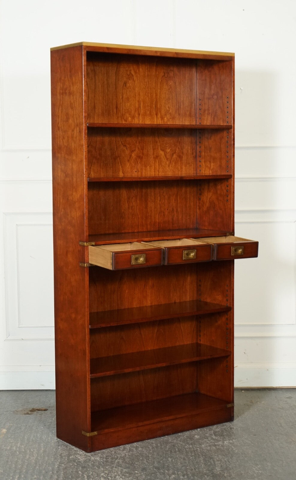 HARRODS LONDON KENNEDY THREE DRAWERS BURR YEW WOOD & BRASS MILITARY BOOKCASE