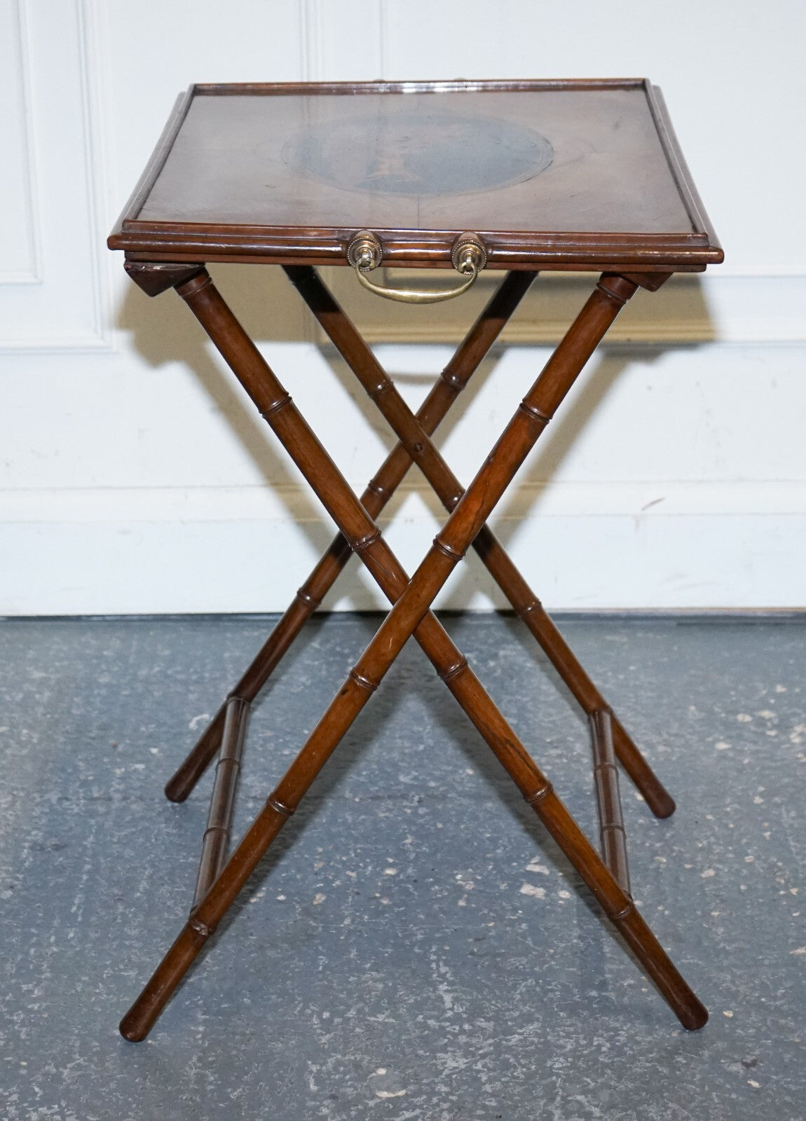 VICTORIAN DOUBLE SIDED SERVING TRAY ON BAMBOO STAND BRASS HANDLES MARQUETRY TOP