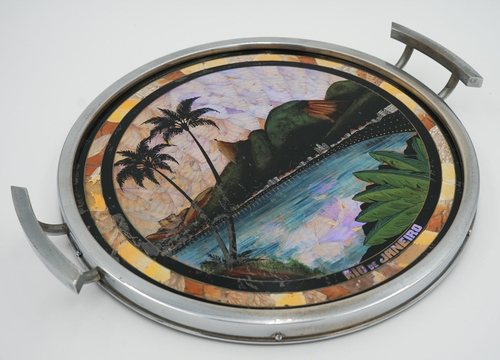 VINTAGE CIRCULAR BRAZILIAN RIO DE JANEIRO METAL TRAY REAL MORPHO BUTTERFLY WINGS