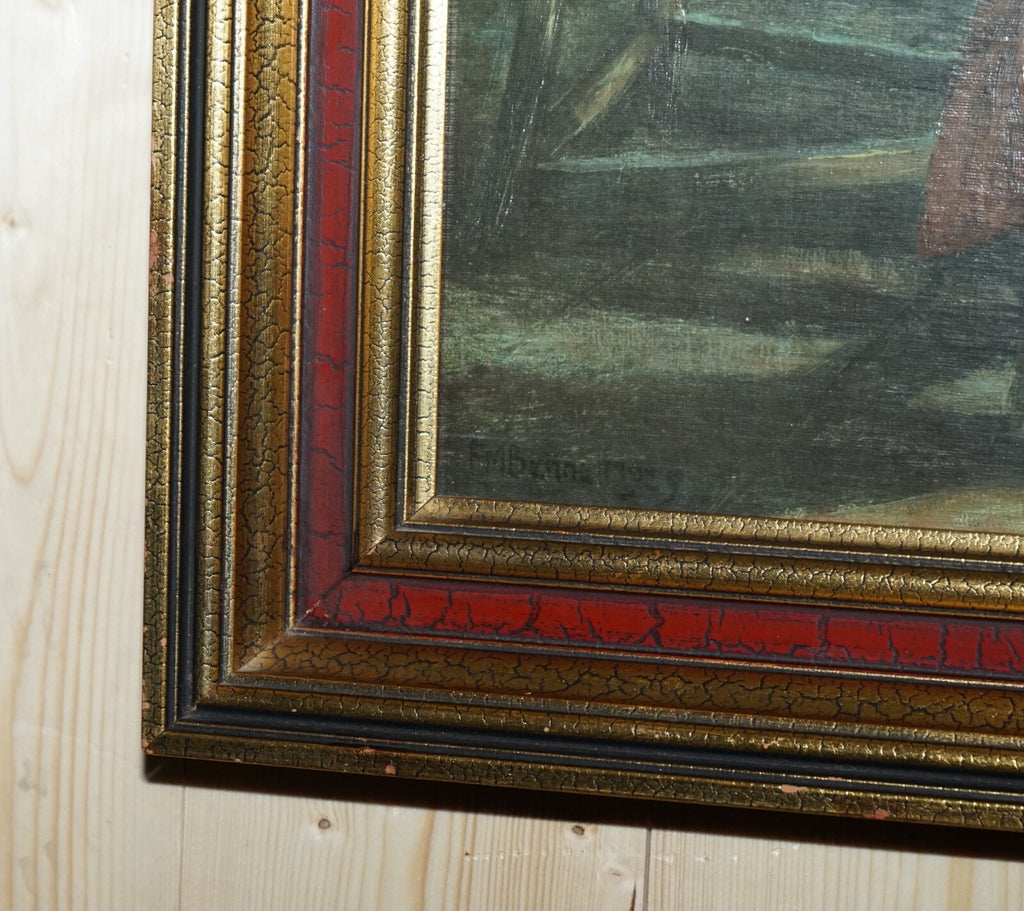 OIL PAINTING IN MANNER OF F.M.  BENNETT ''GREAT CONTENT' RED AND GOLD FRAME