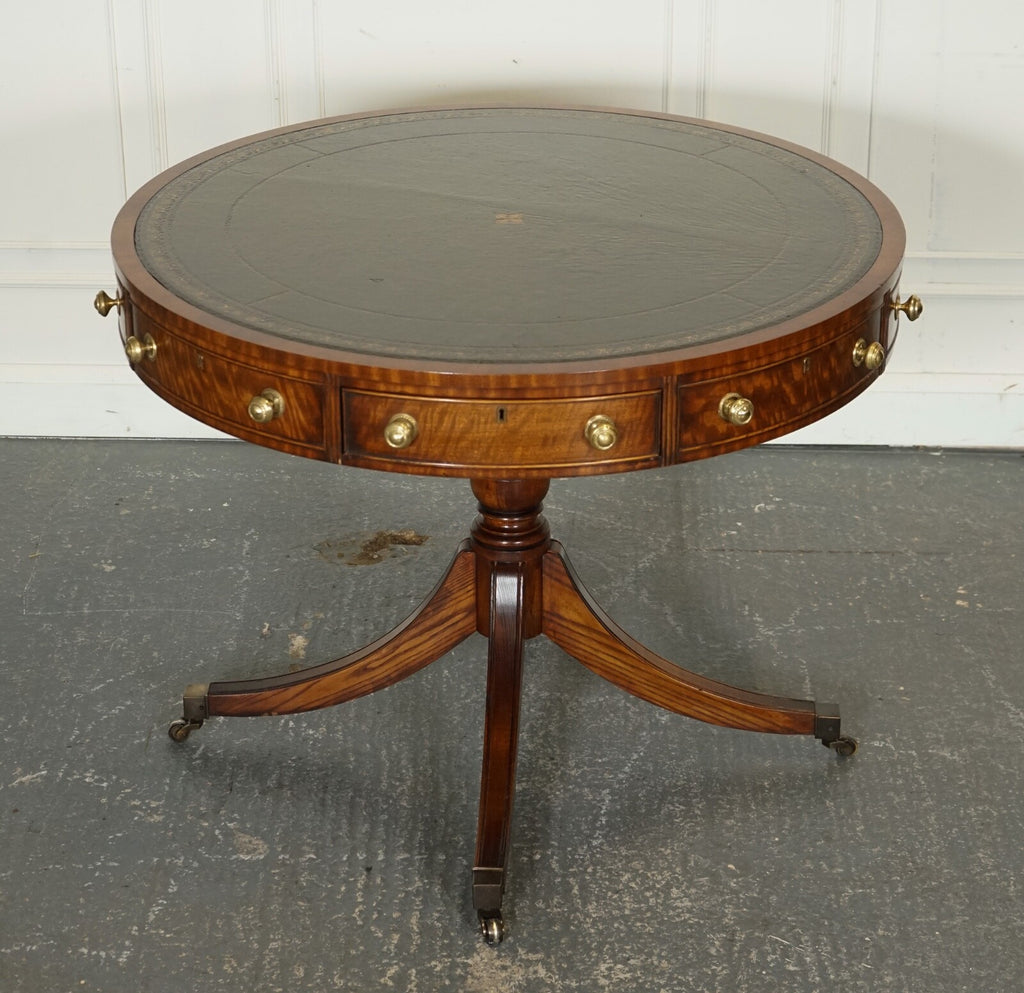 FINE RESTORED REGENCY STYLE DRUM TOP LIBRARY TABLE WITH AGED GREEN LEATHER TOP