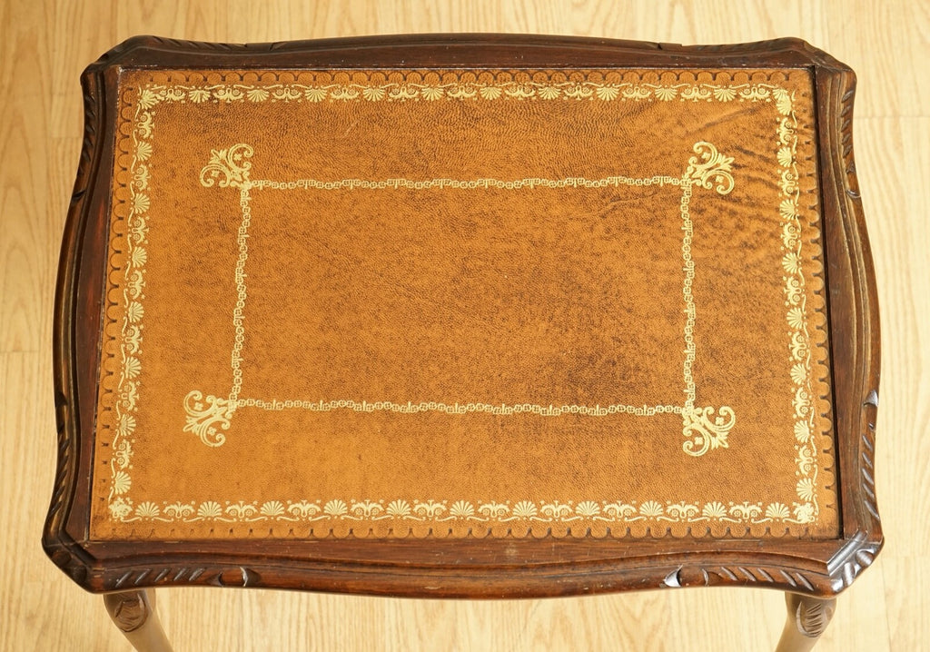 MAHOGANY NEST OF TABLES QUEEN ANNE STYLE LEGS WITH BROWN EMBOSSED LEATHER TOP