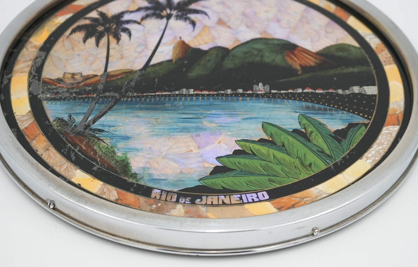 VINTAGE CIRCULAR BRAZILIAN RIO DE JANEIRO METAL TRAY REAL MORPHO BUTTERFLY WINGS