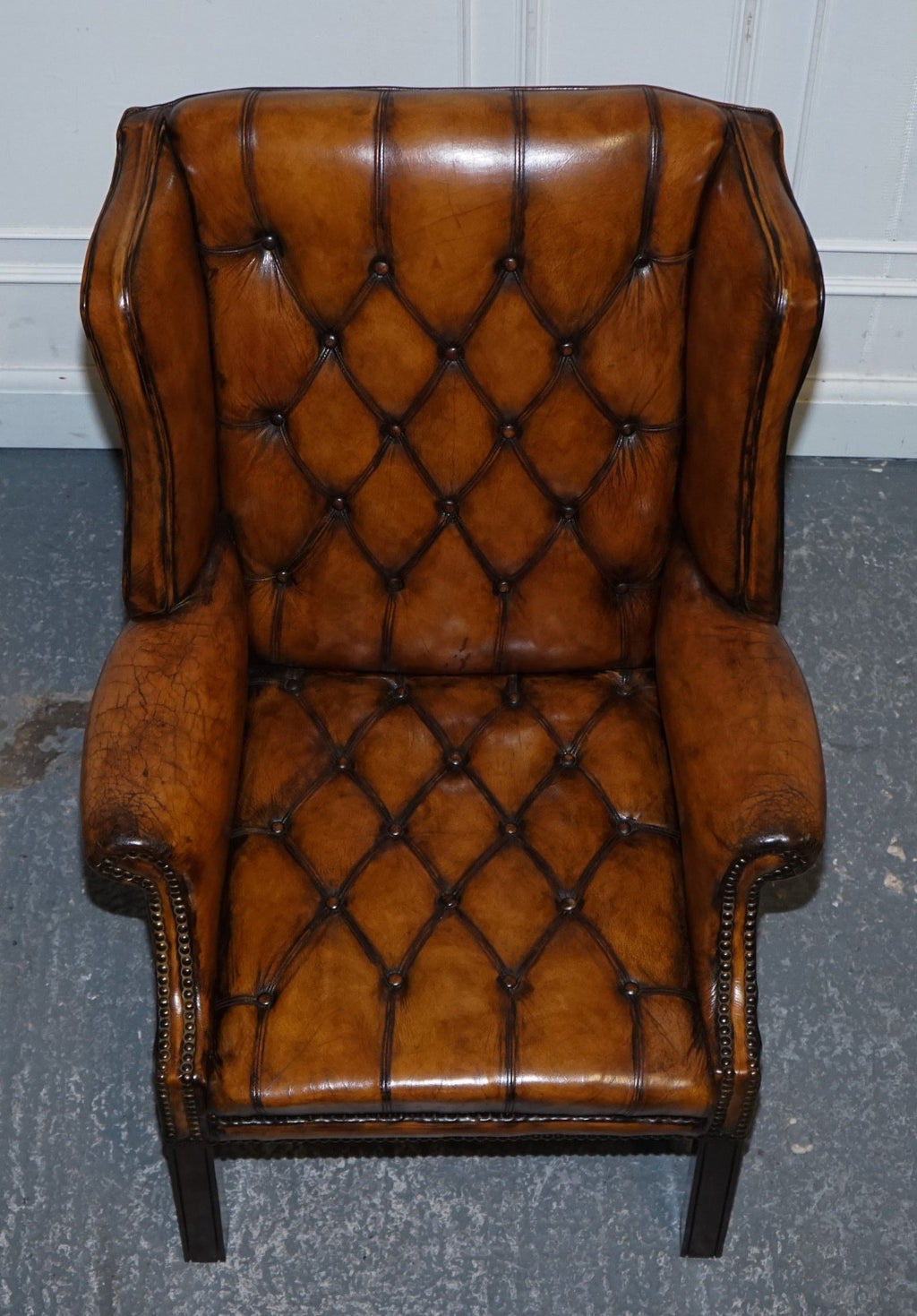 STUNNING 1960'S HAND DYED BROWN LEATHER CHESTERFIELD WINGBACK ARMCHAIRS