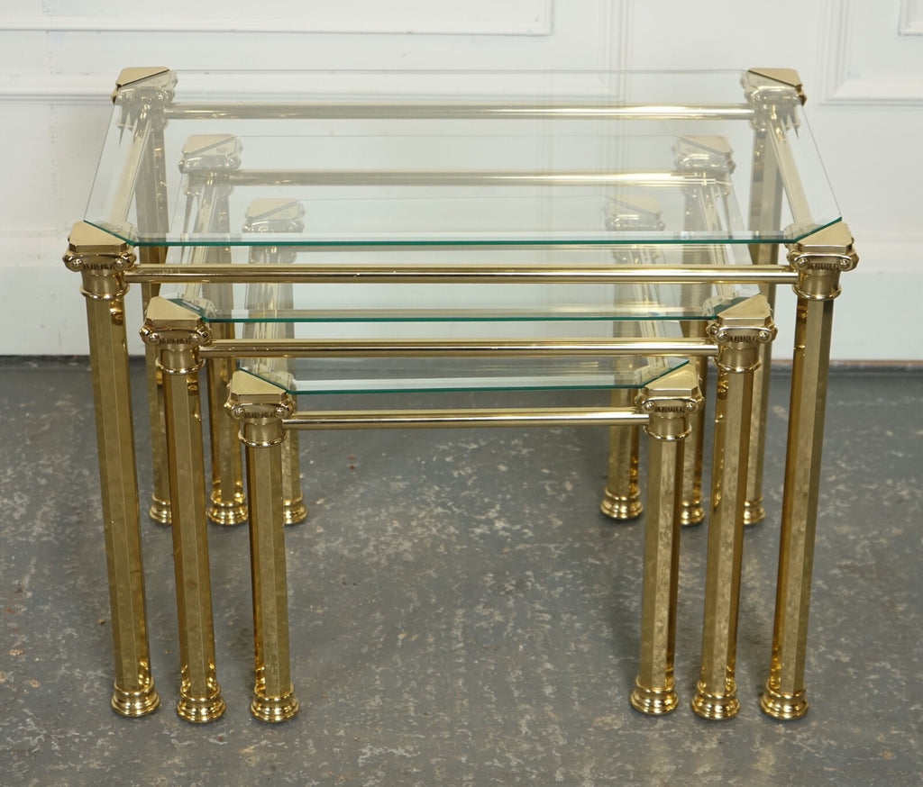 SET OF 1970'S HOLLYWOOD REGENCY GOLDEN BRASS GLASS NEST OF TABLES SIDE TABLE  J1