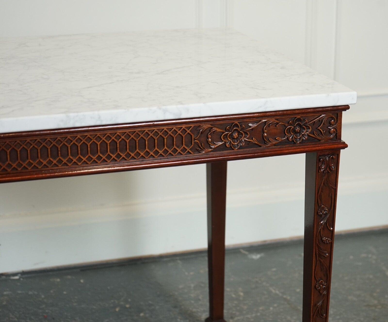 PAIR OF CHIPPENDALE STYLE CONSOLE TABLES WITH NEW WHITE CARRARA MARBLE TOPS