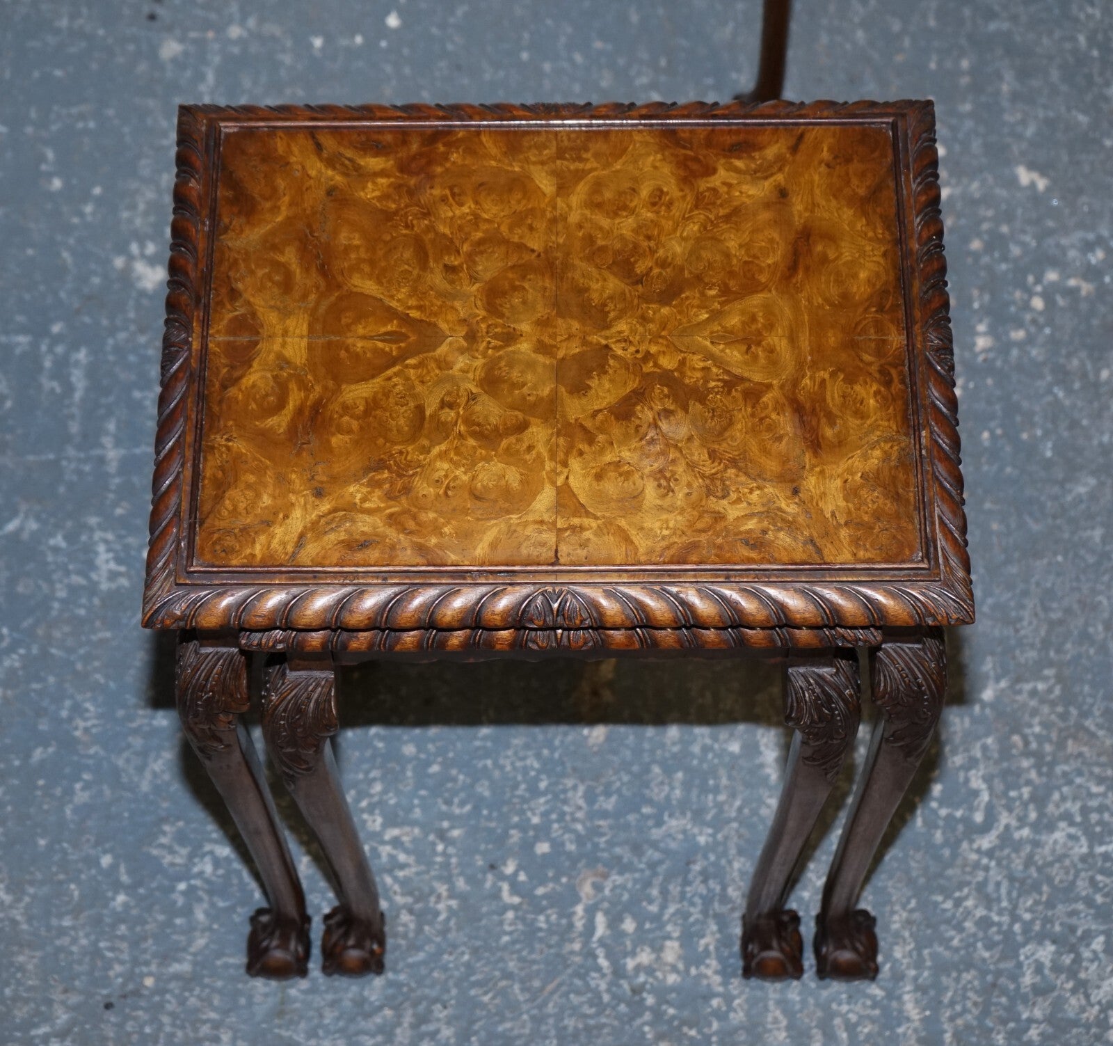 STUNNING BURR WALNUT NEST OF  THREE TABLES CARVED CLAW & BALL FEET