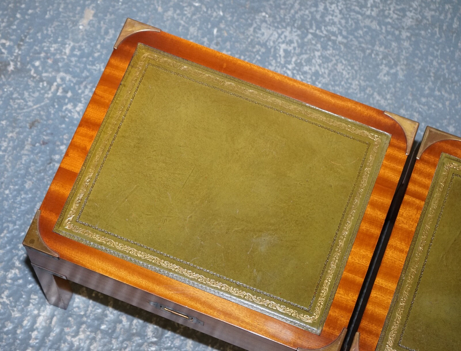 BEVAN FUNNELL COFFEE TABLE WITH TWO SIDE UNDERTABLES GREEN LEATHER TOP