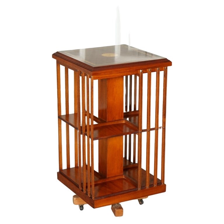 STUNNING BURR WALNUT SHERATON REVIVAL INLAID REVOLVING BOOKCASE END TABLE