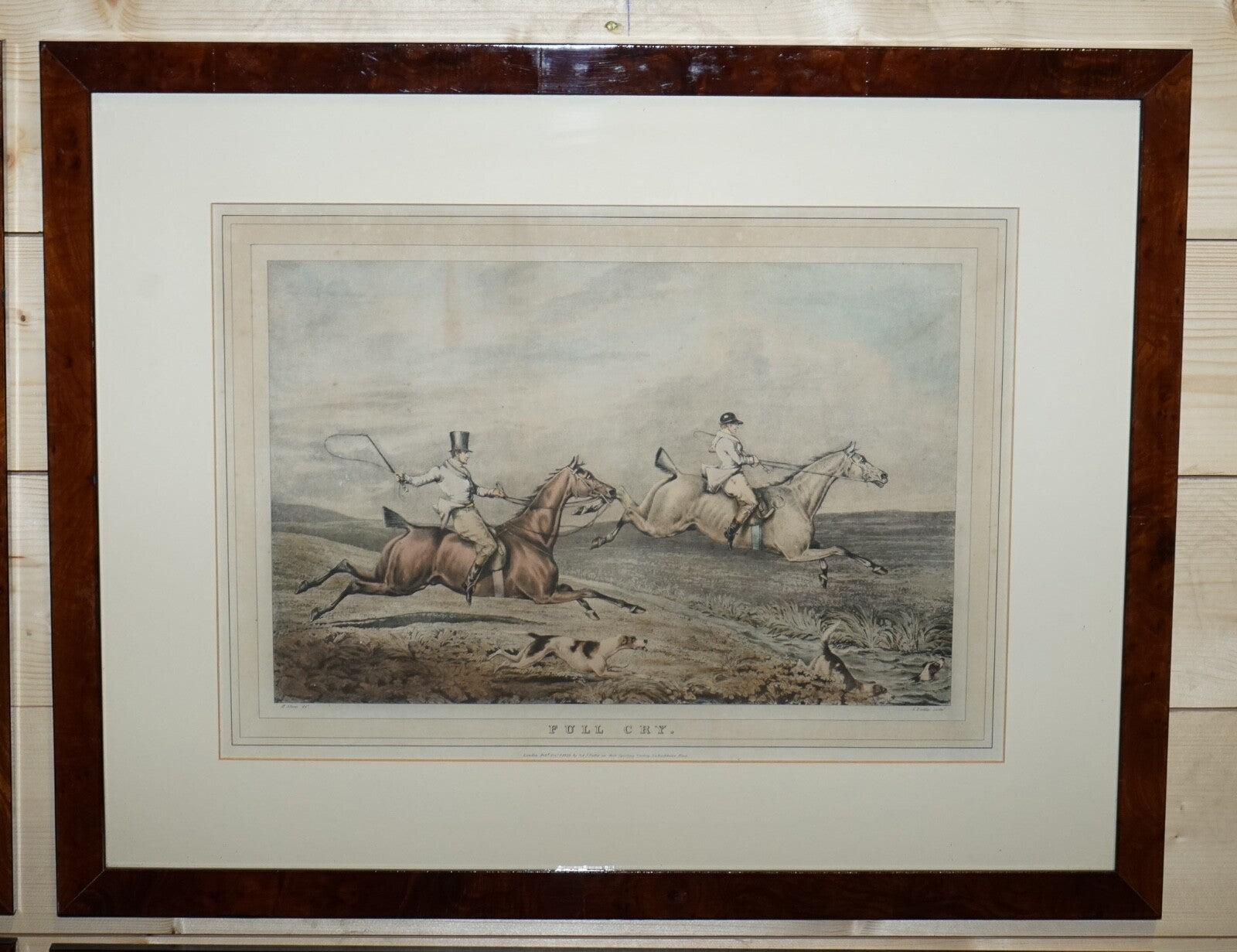 SET OF FOUR PRINTS BURR WALNUT FRAMES IN THE MANNER OF HENRY THOMAS ALKEN