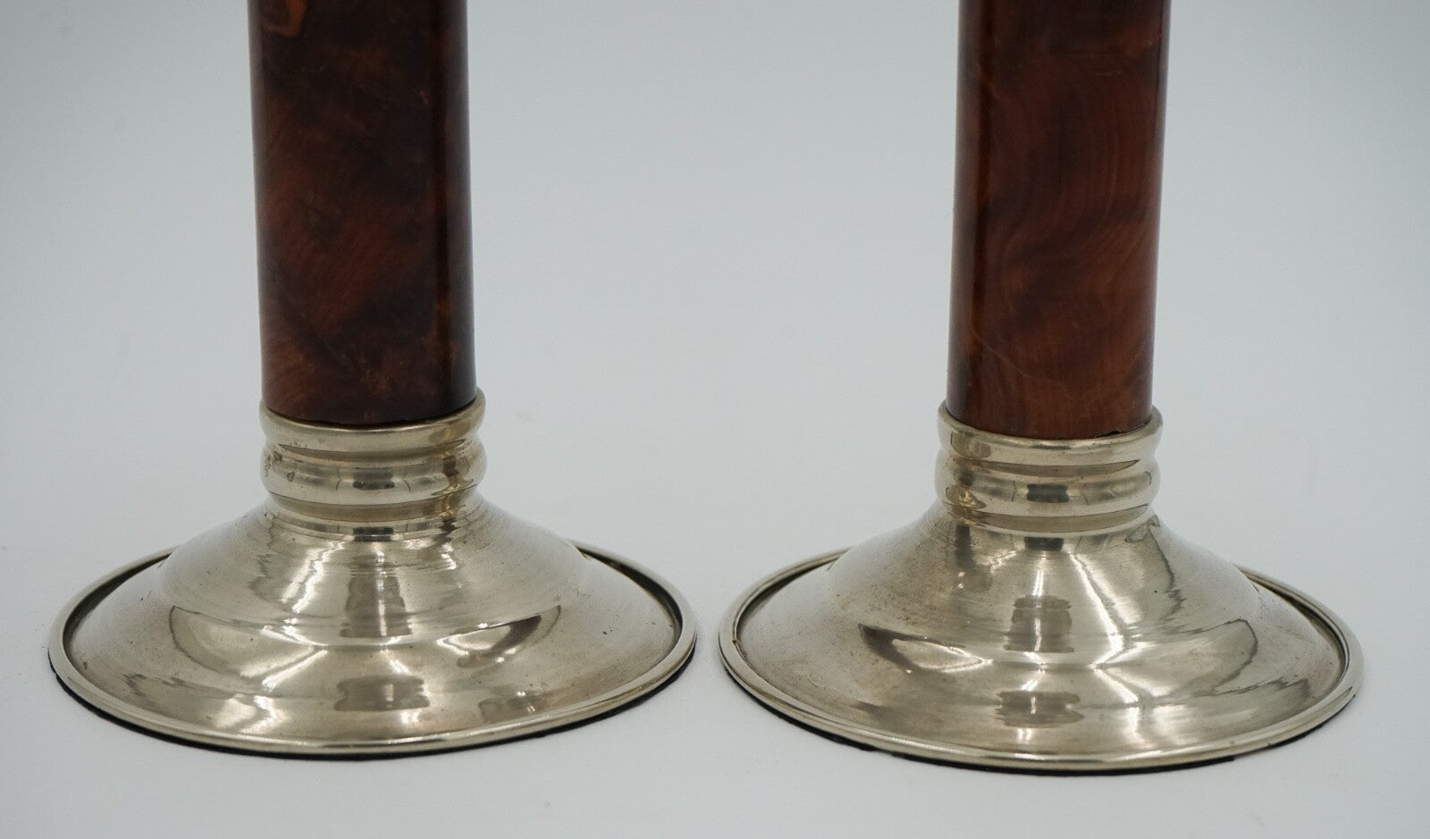 PAIR OF LOVELY DECORATIVE ART DECO BURR WALNUT CANDLESTICKS