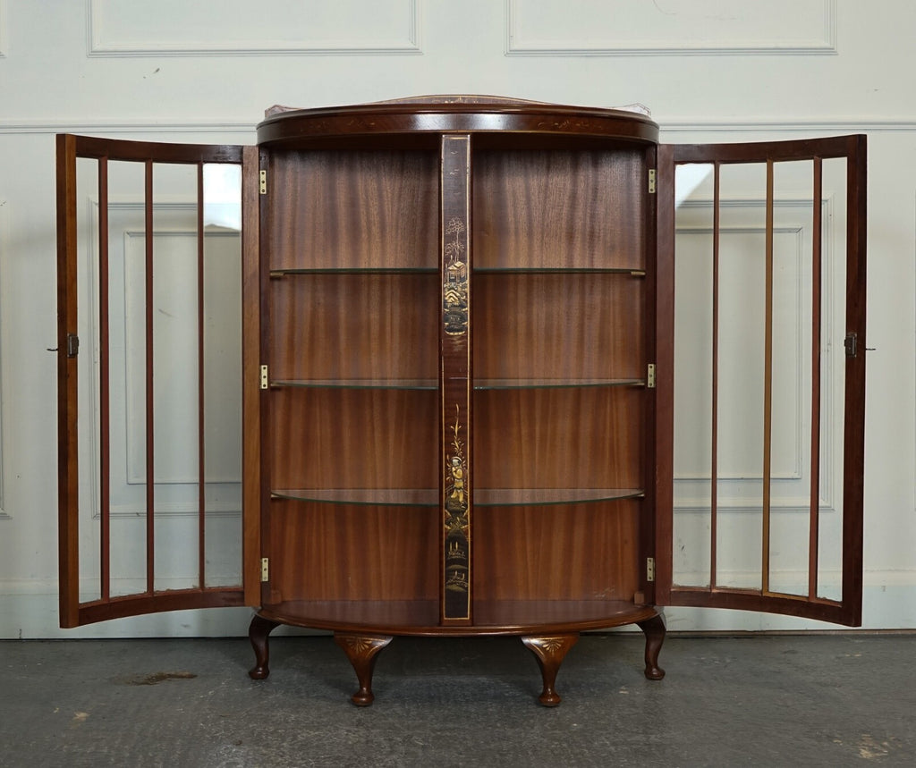 ORIENTAL CHINESE DWARF BOW FRONT DISPLAY CABINET WITH GLASS SHELVES