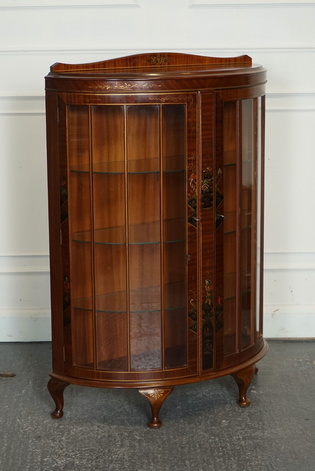 ORIENTAL CHINESE DWARF BOW FRONT DISPLAY CABINET WITH GLASS SHELVES