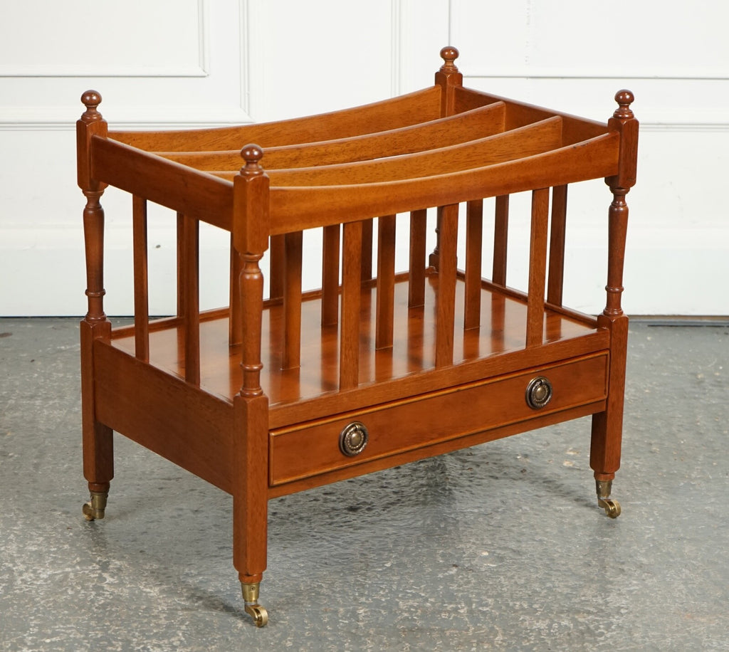 VINTAGE YEW WOOD CANTERBURY NEWSPAPER RACK WITH BRASS HANDLES AND DRAWER J1