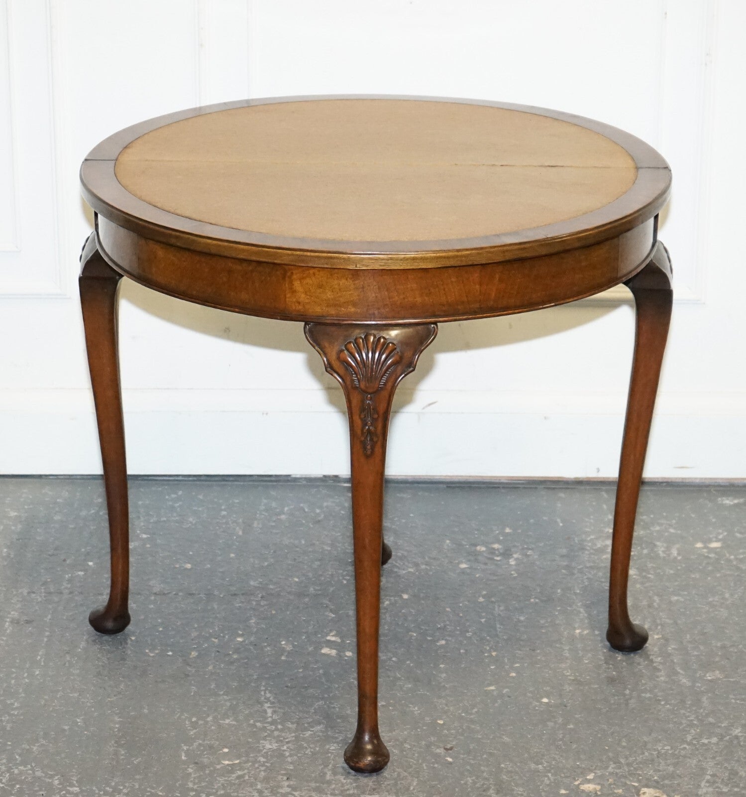 ANTIQUE BURR WALNUT DEMI LUNE CARD GAMES SIDE OCCASIONAL TABLE