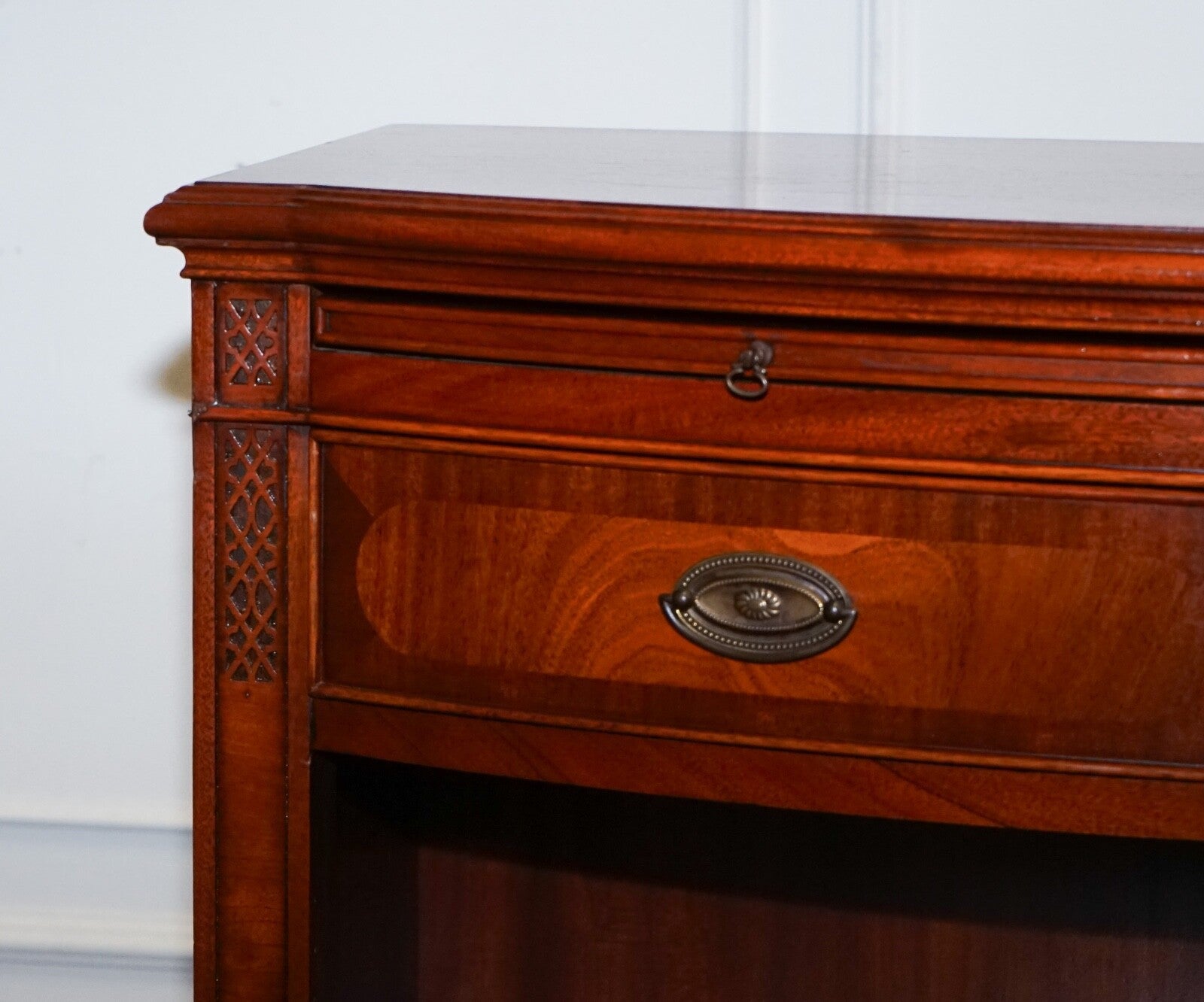 VINTAGE SERPENTINE BOW FRONT DWARF OPEN BOOKCASE WITH TWO DRAWERS BY WADE