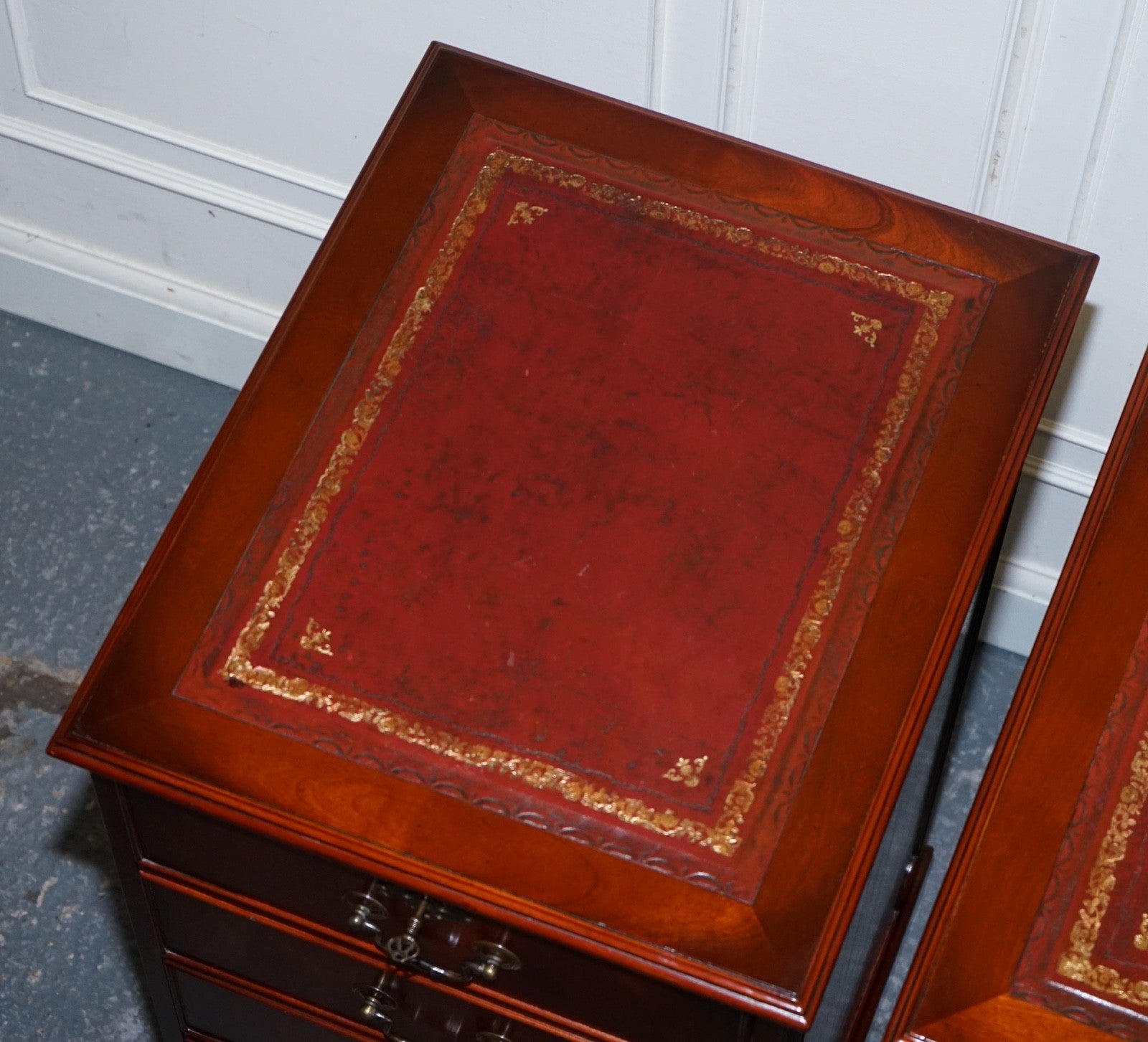 PAIR OF FILLING CABINETS BURGUNDY LEATHER GOLD EMBOSSED TOP 3 SPACIOUS DRAWERS